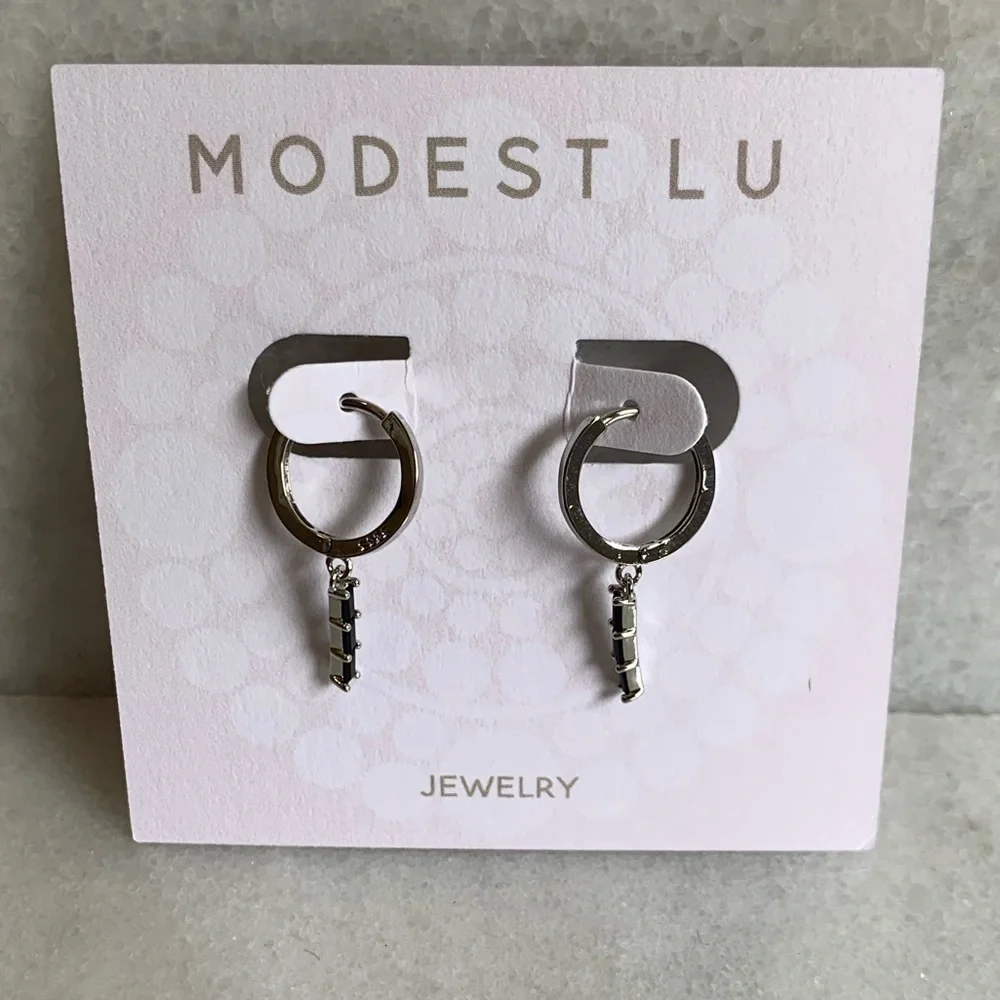 Silver Black Crystal Dangle Hoop Earrings
